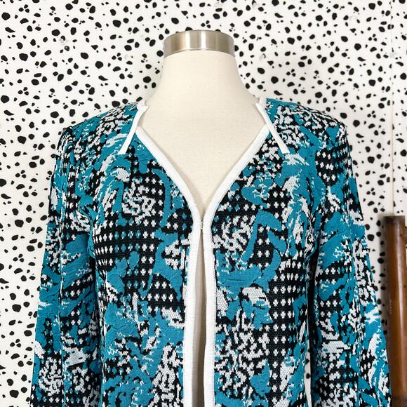 NEW Ming Wang | Blue Knit Black White 3/4 Sleeve Cardigan Work Jacket XS NWT - Picture 3 of 9